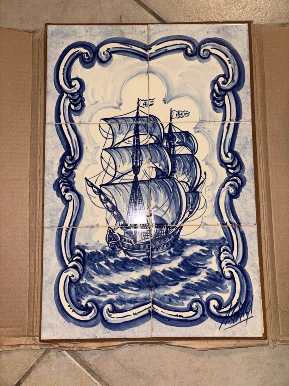 Vintage Portuguese Azulejos Blue and White Signed 6 Tile Mural Sailing Mural Art